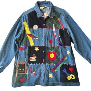 Blue Denim Womens Teacher Apple Size XL 1X 2X Shirt Jacket Embellished NWT READ!